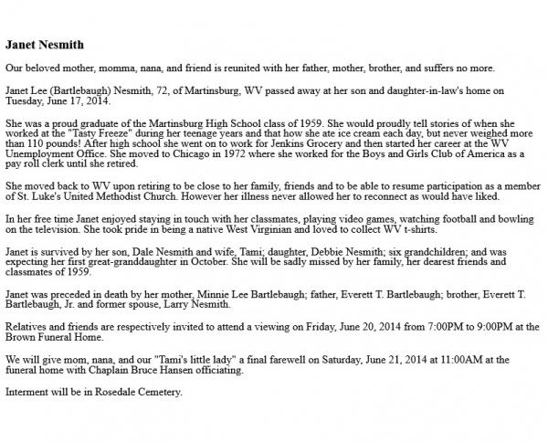 Janet Lee Nesmith Nee Bartlebaugh