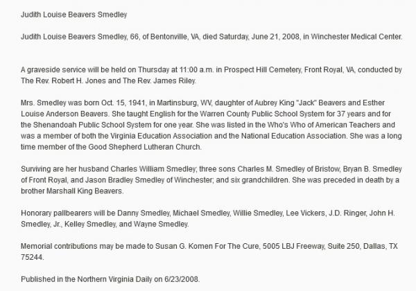 Judith Louise Smedley Nee Beavers