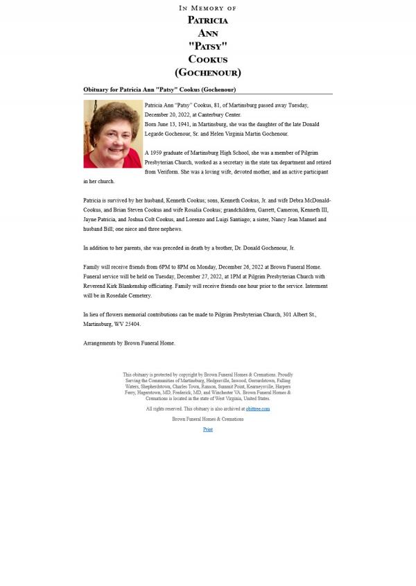 Patricia Ann Cookus Nee Gochenour