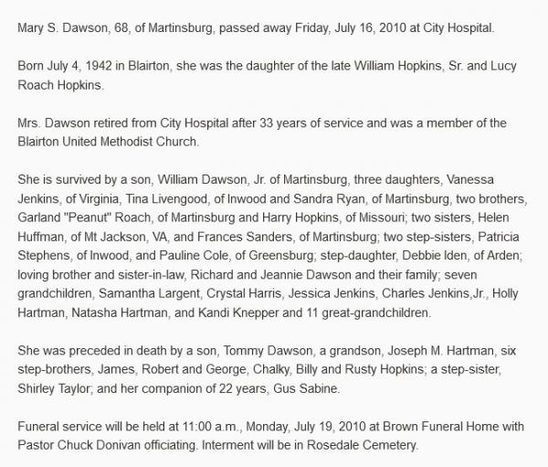 Mary S Dawson Nee Hopkins