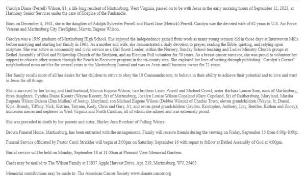 Carolyn Dianne Wilson Nee Perrell