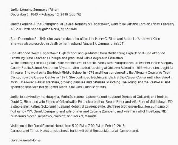 Judith Lorraine Zumpano Nee Riner