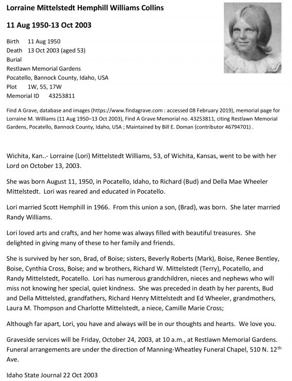 Lorraine Mittelstedt (hemphill, Williams, Collins)