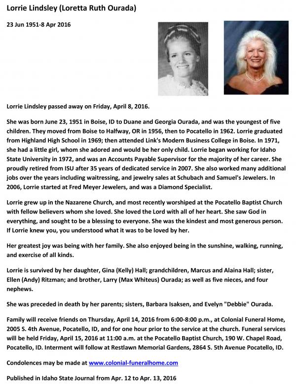Loretta 'lorrie' Ourada (lindsley)